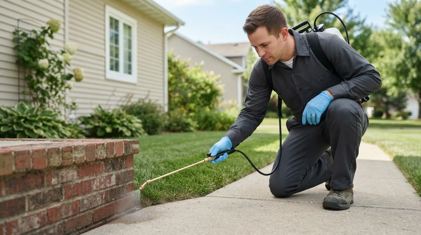 Pest control technician treating a home near Lake View, IA