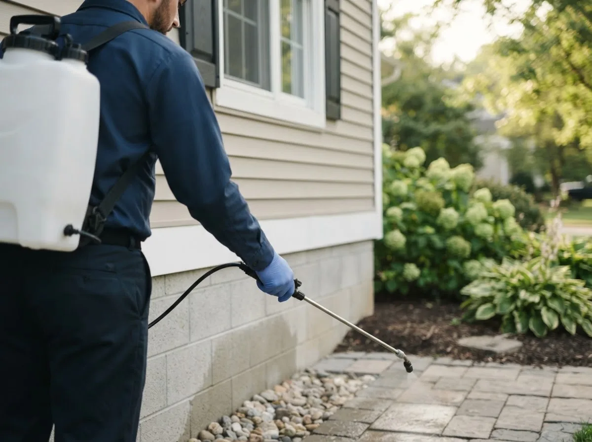 Pest control technician inspecting a home in Lake View, IA